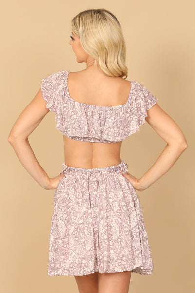 LILAC OFF-WHITE DEEP NECK RUFFLE DETAIL SIDE CUT-OUT PAISLEY MINI DRESS 2-2-1