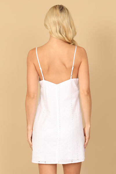 WHITE SPAGHETTI STRAP V-NECK EYELET MINI DRESS 2-2-1