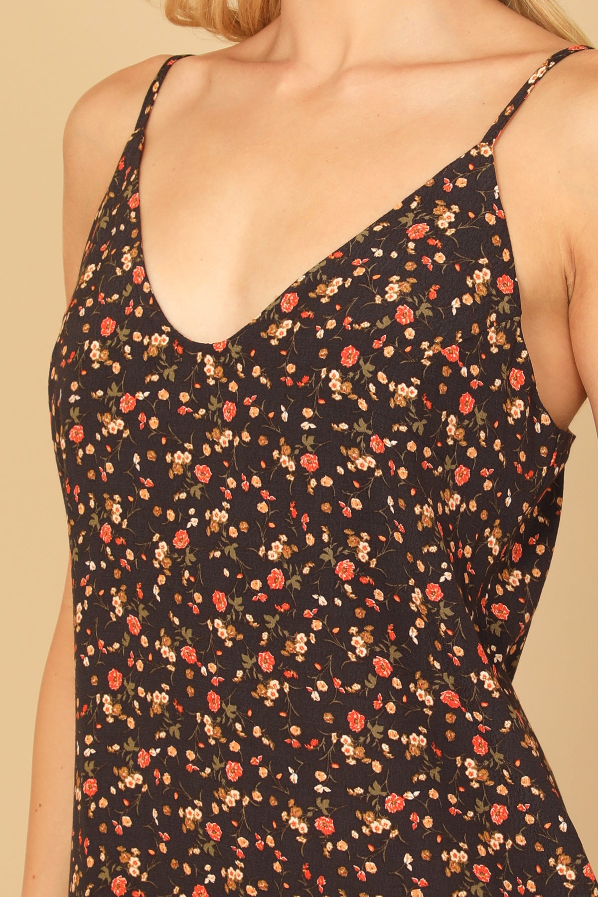 BLACK ORANGE SPAGHETTI STRAP V-NECK FLORAL MINI DRESS 2-2-1