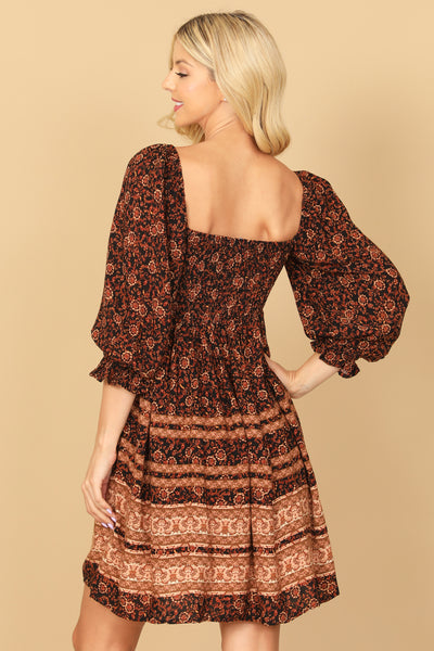 BLACK RUST SQUARE NECK PUFF SLEEVES PRINTED MINI DRESS 2-2-1