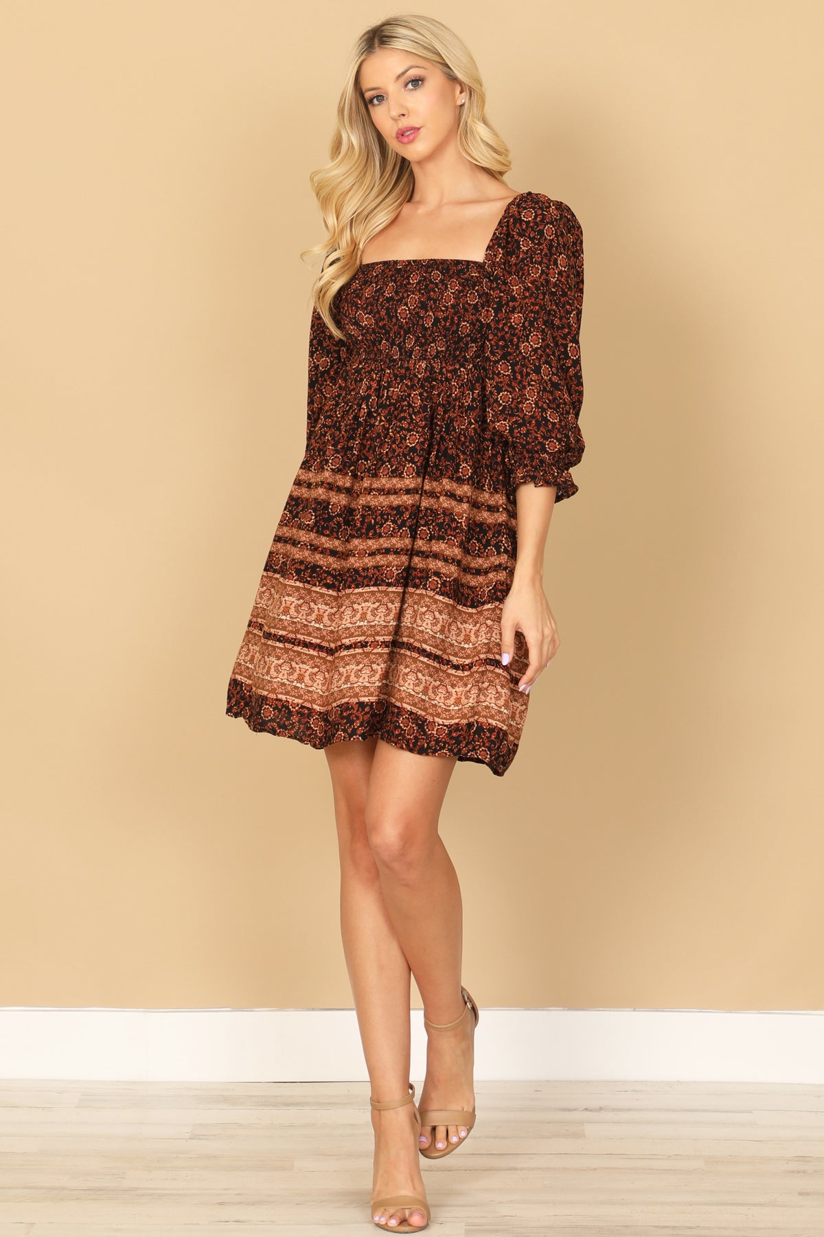 BLACK RUST SQUARE NECK PUFF SLEEVES PRINTED MINI DRESS 2-2-1