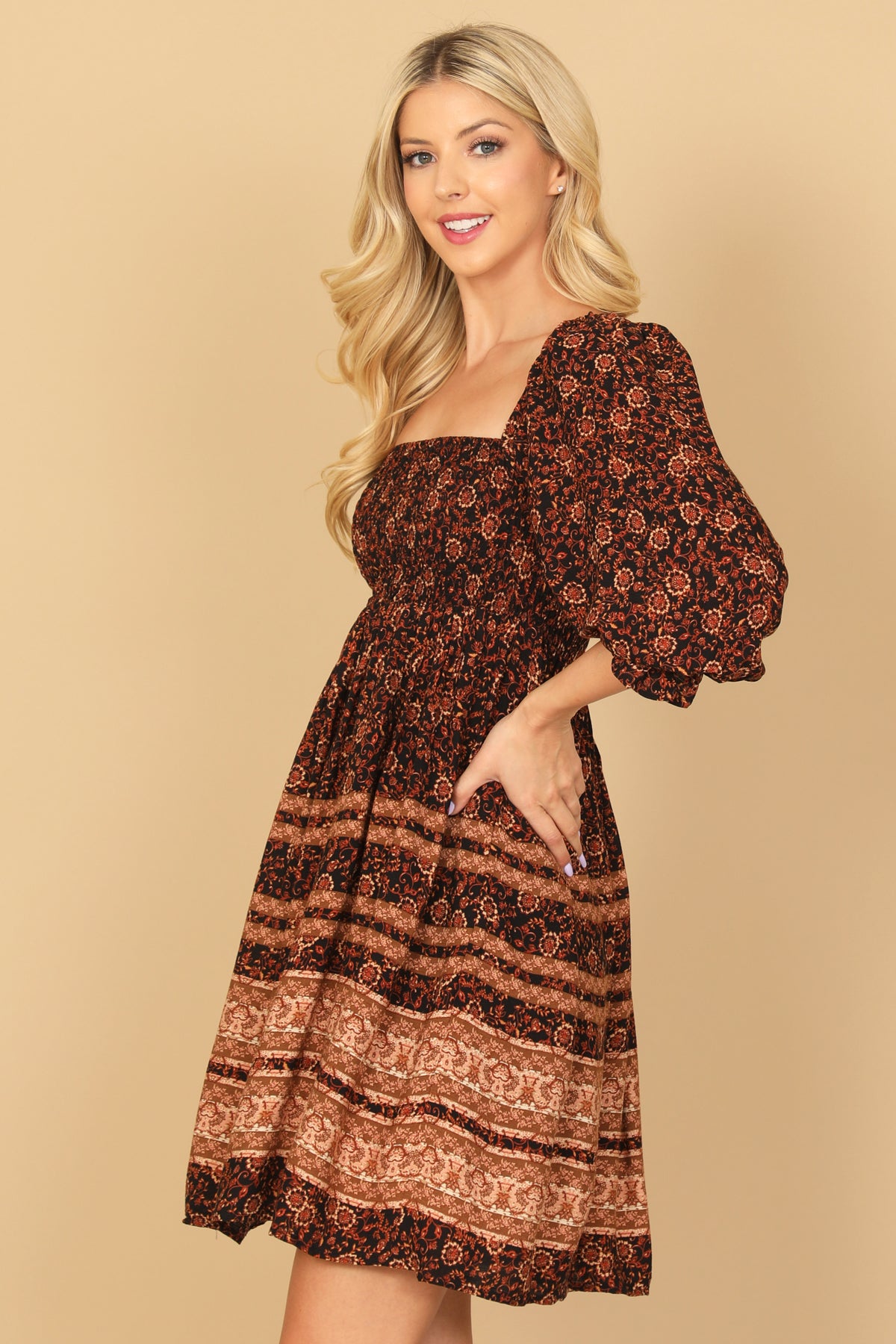 BLACK RUST SQUARE NECK PUFF SLEEVES PRINTED MINI DRESS 2-2-1