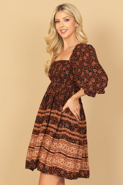 BLACK RUST SQUARE NECK PUFF SLEEVES PRINTED MINI DRESS 2-2-1