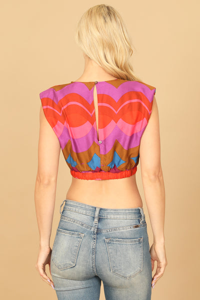 MULTICOLOR SCALLOP PRINT SLEEVELESS TIE CROP TOP 2-2-1