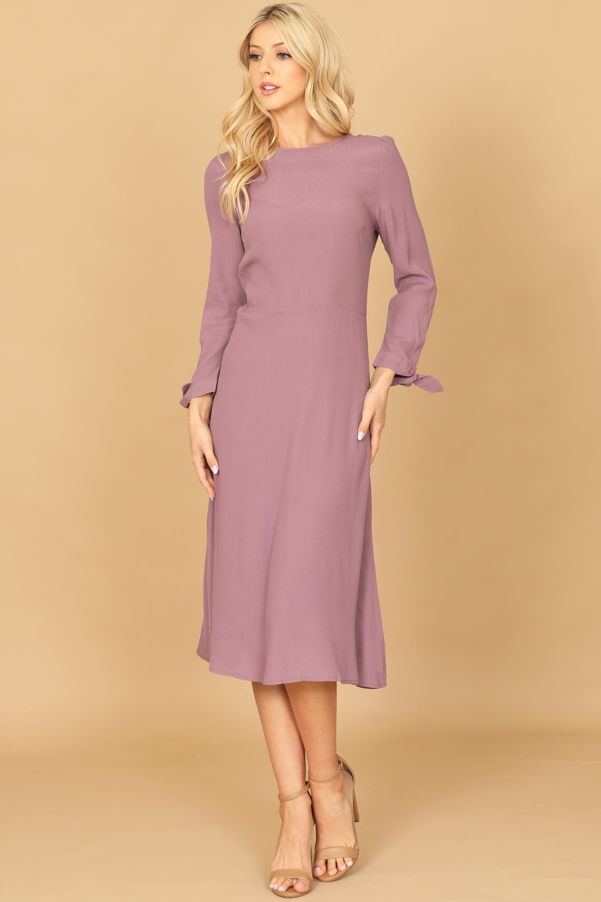 CUFF TIE LONG SLEEVE SOLID MIDI DRESS 2-2-1