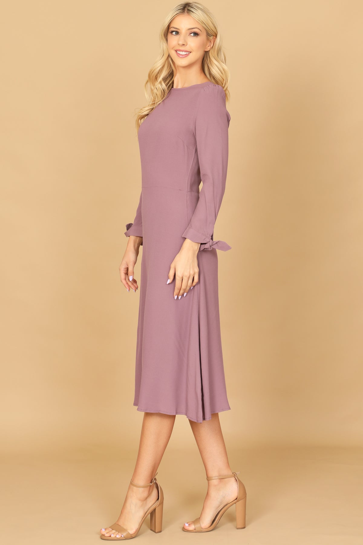 CUFF TIE LONG SLEEVE SOLID MIDI DRESS 2-2-1