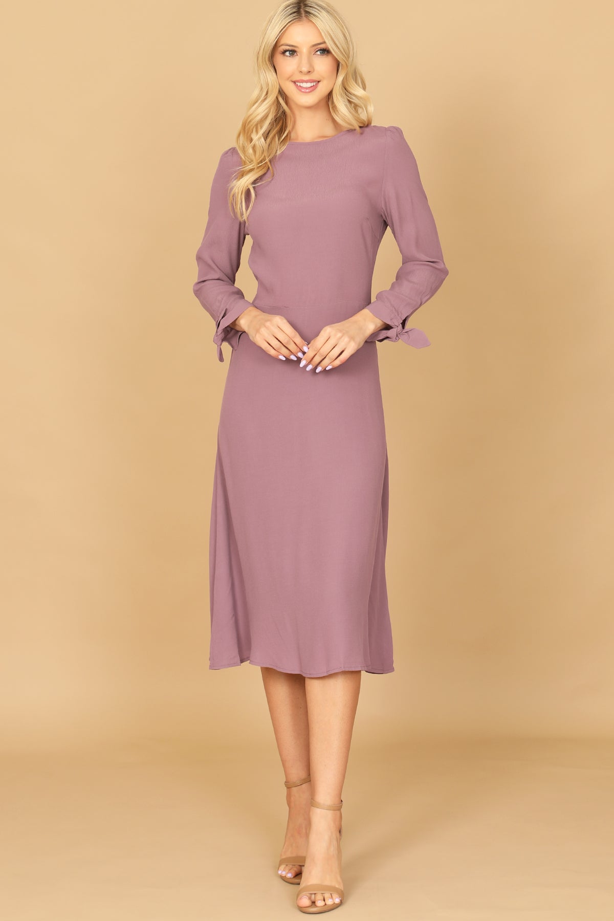 CUFF TIE LONG SLEEVE SOLID MIDI DRESS 2-2-1