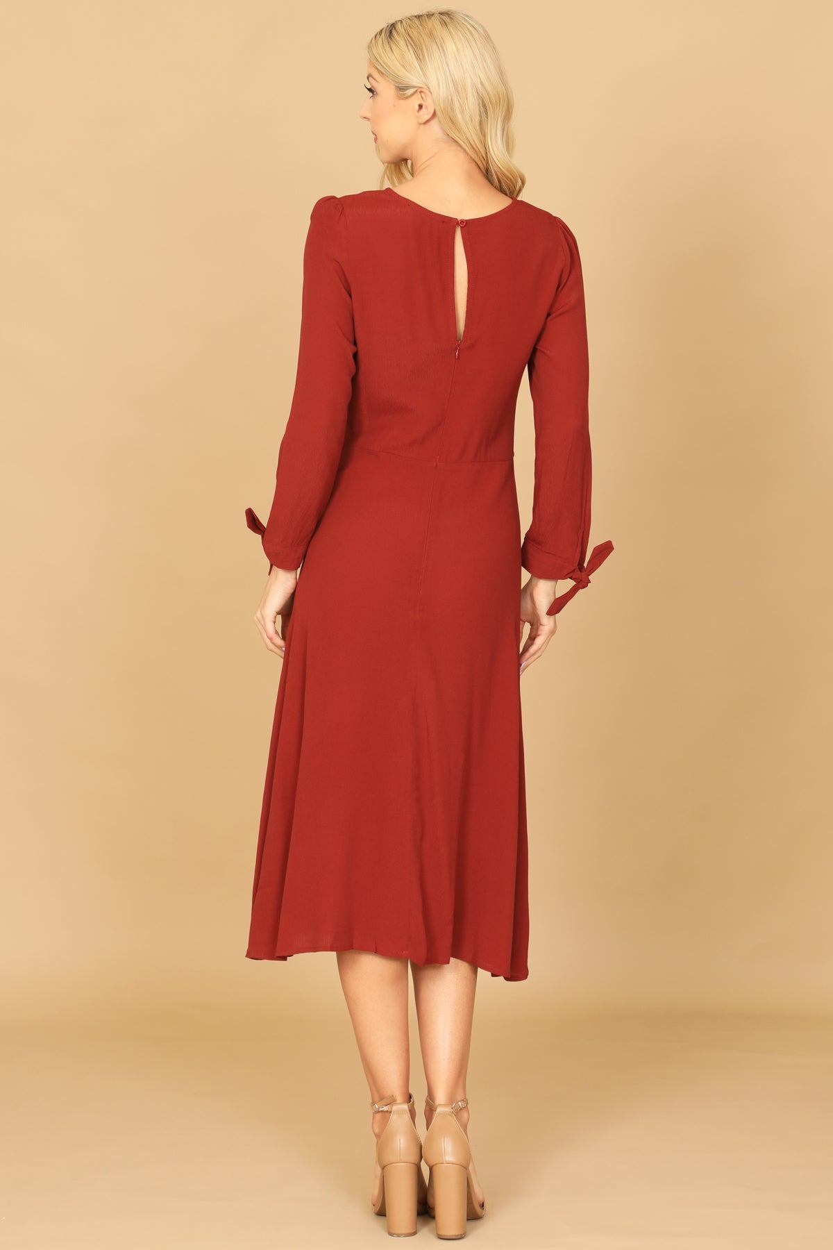 CUFF TIE LONG SLEEVE SOLID MIDI DRESS 2-2-1