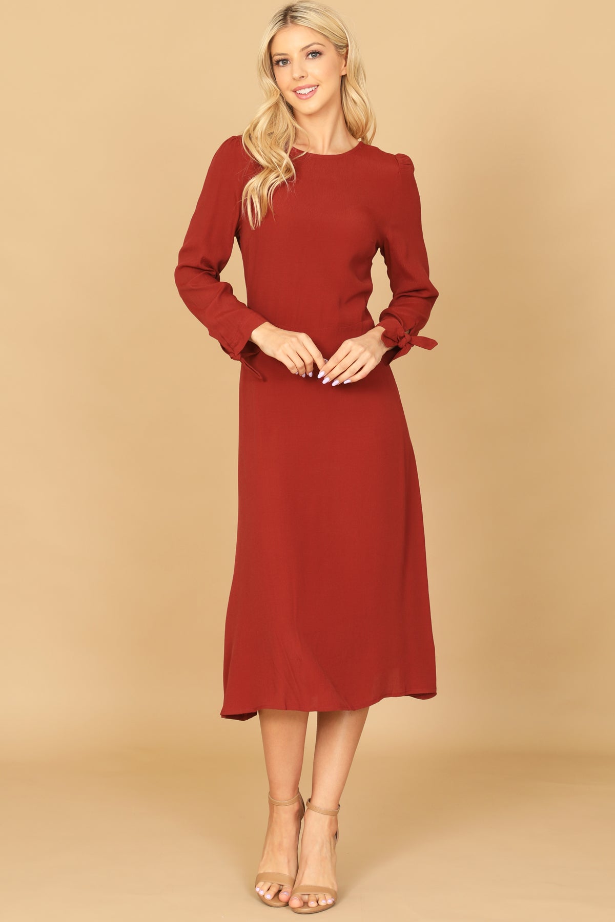 CUFF TIE LONG SLEEVE SOLID MIDI DRESS 2-2-1