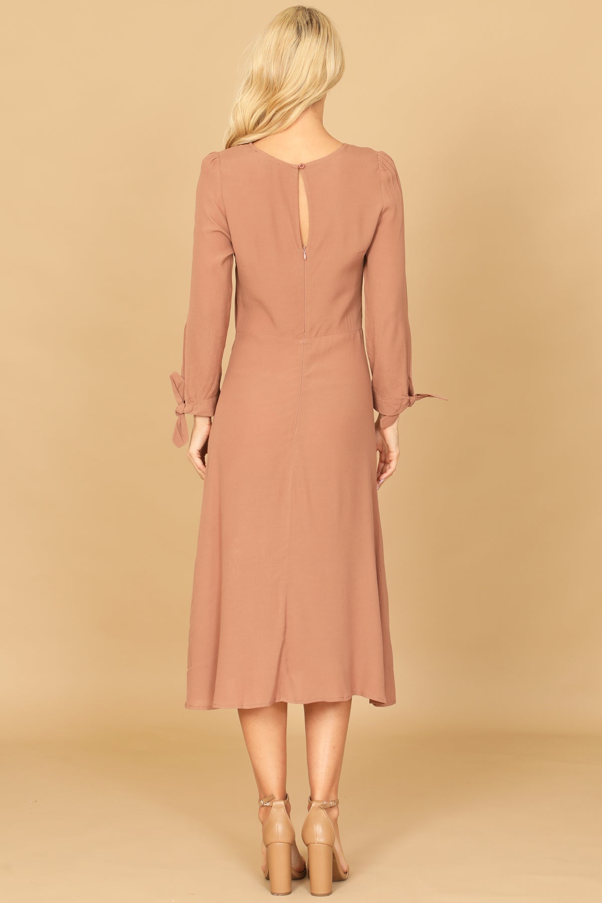 CUFF TIE LONG SLEEVE SOLID MIDI DRESS 2-2-1