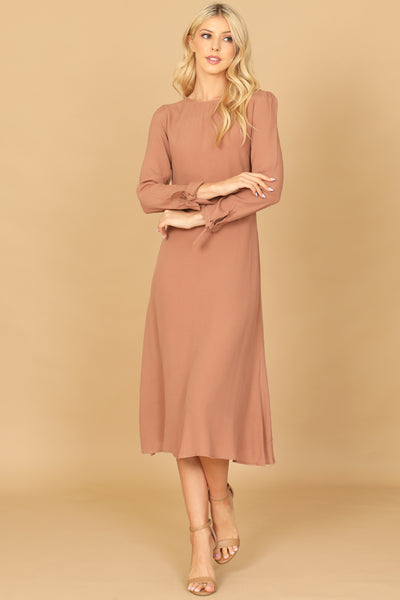 CUFF TIE LONG SLEEVE SOLID MIDI DRESS 2-2-1