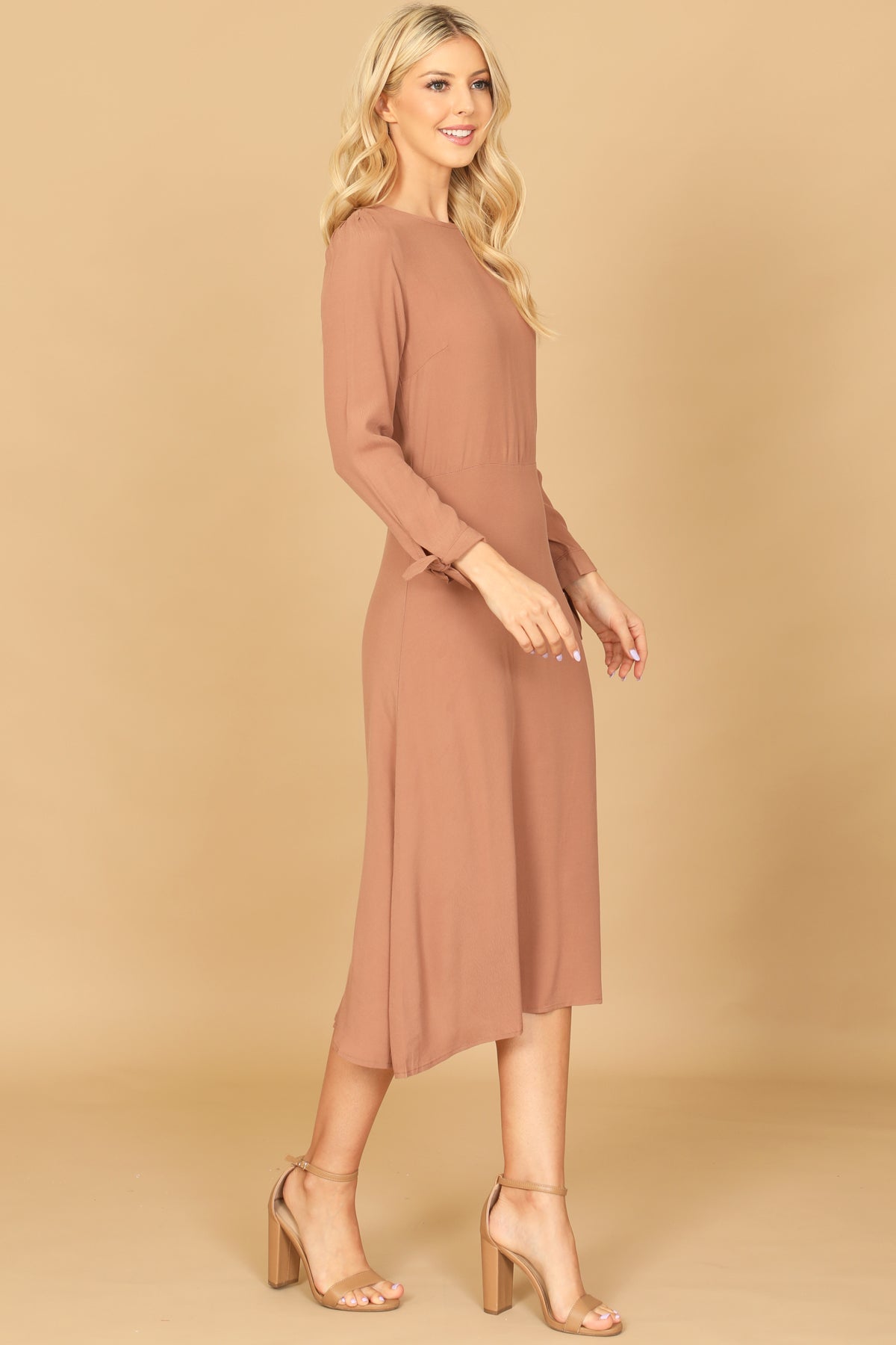 CUFF TIE LONG SLEEVE SOLID MIDI DRESS 2-2-1