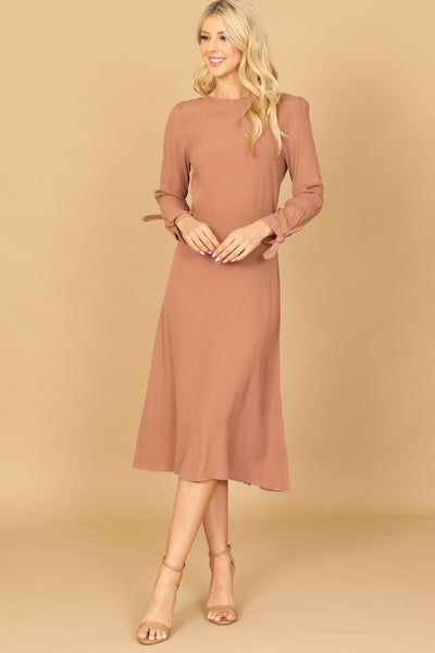 CUFF TIE LONG SLEEVE SOLID MIDI DRESS 2-2-1