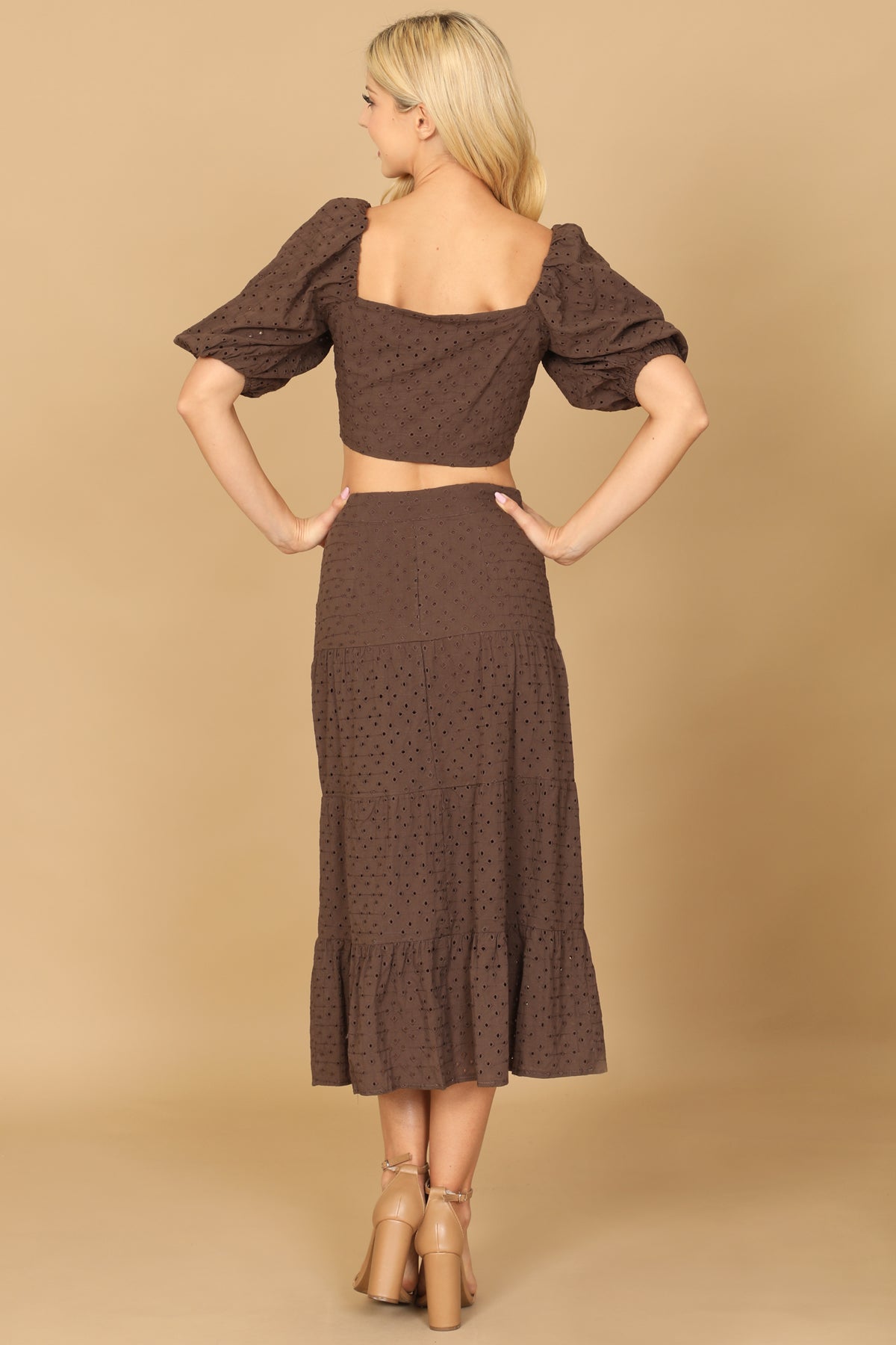 BROWN PUFF SLEEVE FRONT KNOT EYELET CROP TOP & SKIRT SET 2-2-1