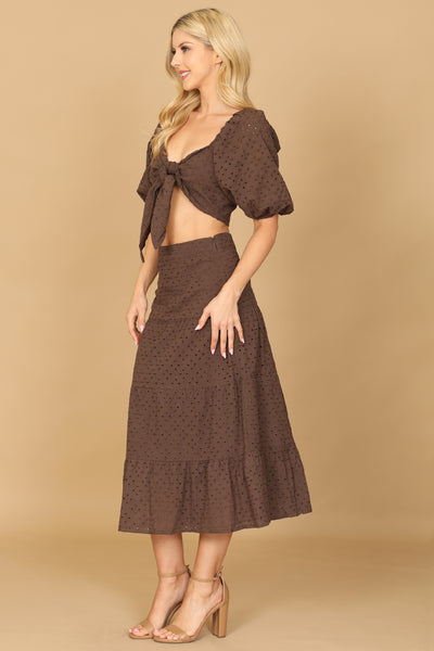 BROWN PUFF SLEEVE FRONT KNOT EYELET CROP TOP & SKIRT SET 2-2-1