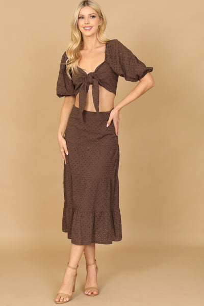 BROWN PUFF SLEEVE FRONT KNOT EYELET CROP TOP & SKIRT SET 2-2-1