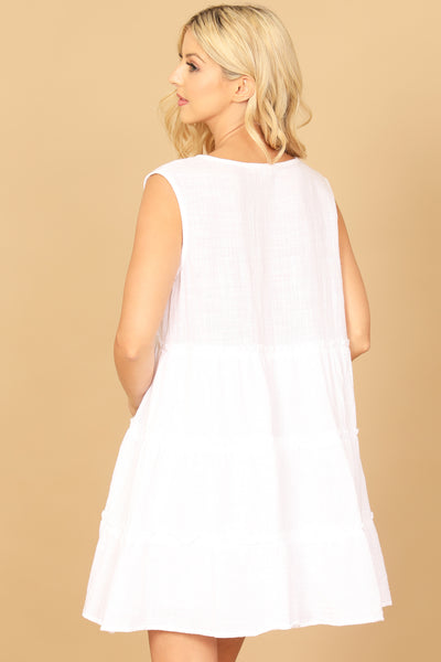 V-NECK SLEEVELESS RUFFLE TIERED SOLID DRESS 2-2-1