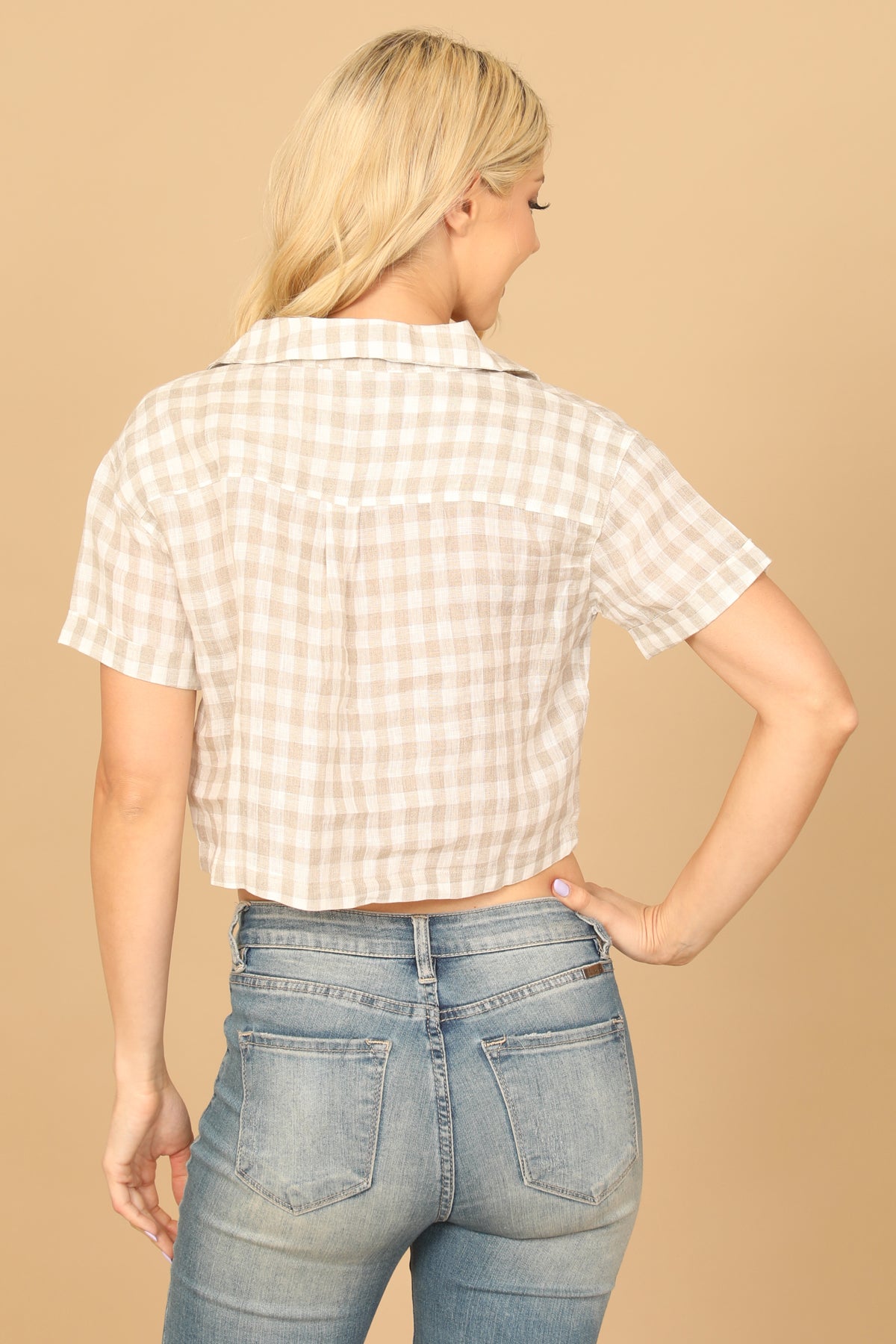 PLAID COLLARED BUTTON DETAIL CROP TOP 2-2-1