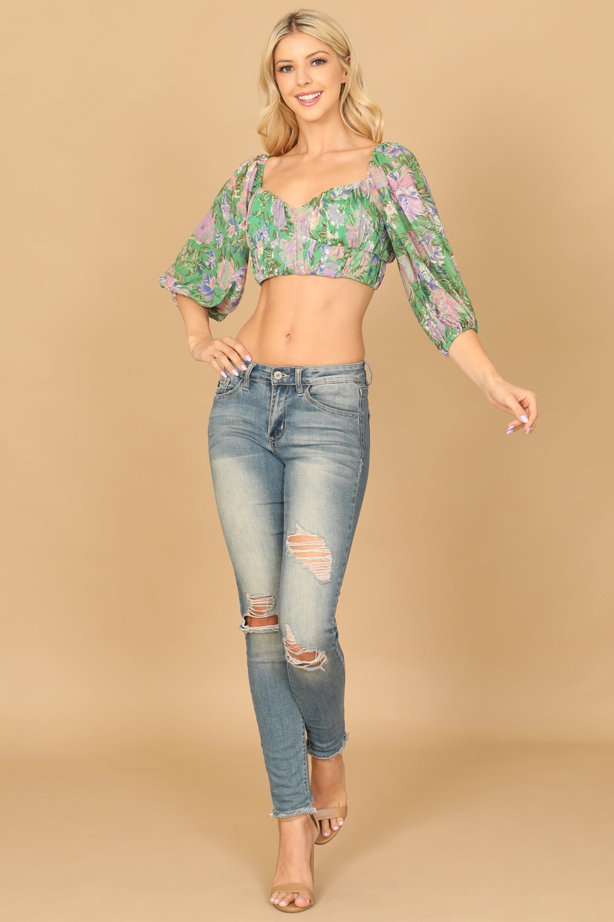 GREEN PUFF SLEEVE FLORAL CROP TOP 2-2-1