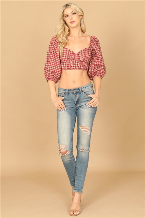 T04559-PUFF SLEEVE PLAID CROP TOP 0-2-1
