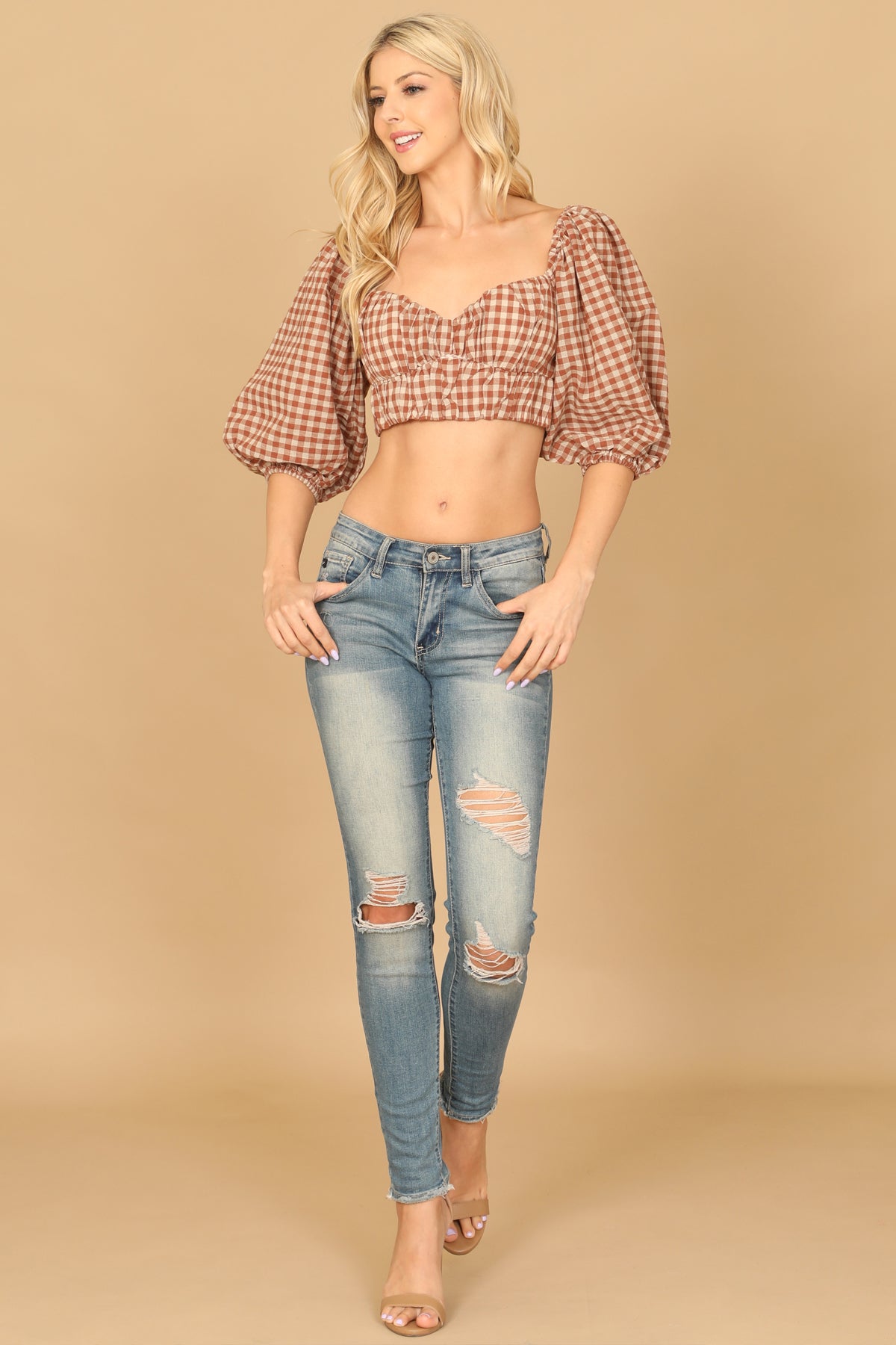 PUFF SLEEVE PLAID CROP TOP 2-2-1