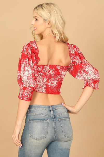 RED CREAM PUFF SLEEVE SMOCKED PRINTED CROP TOP 2-2-1