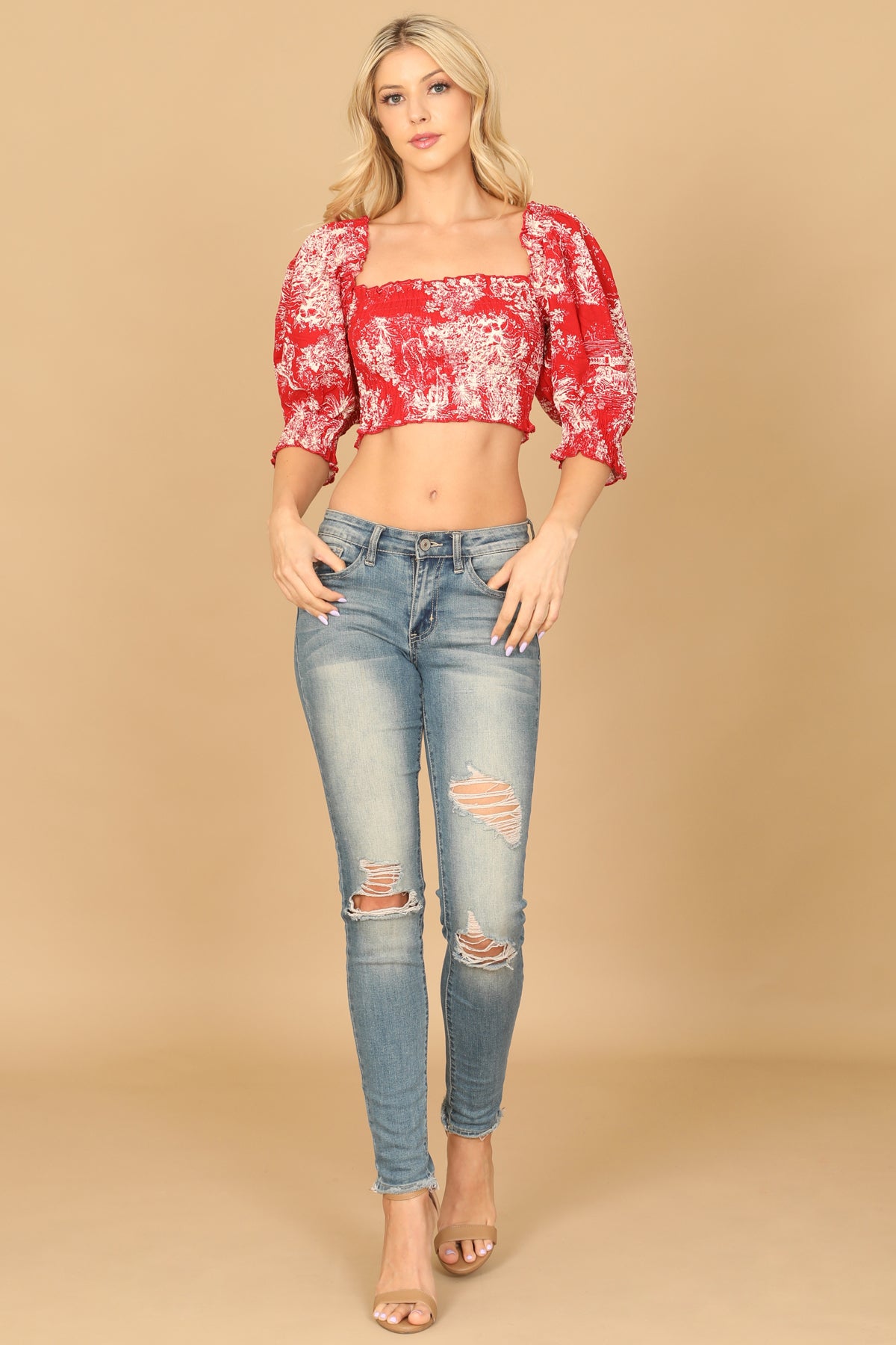 RED CREAM PUFF SLEEVE SMOCKED PRINTED CROP TOP 2-2-1