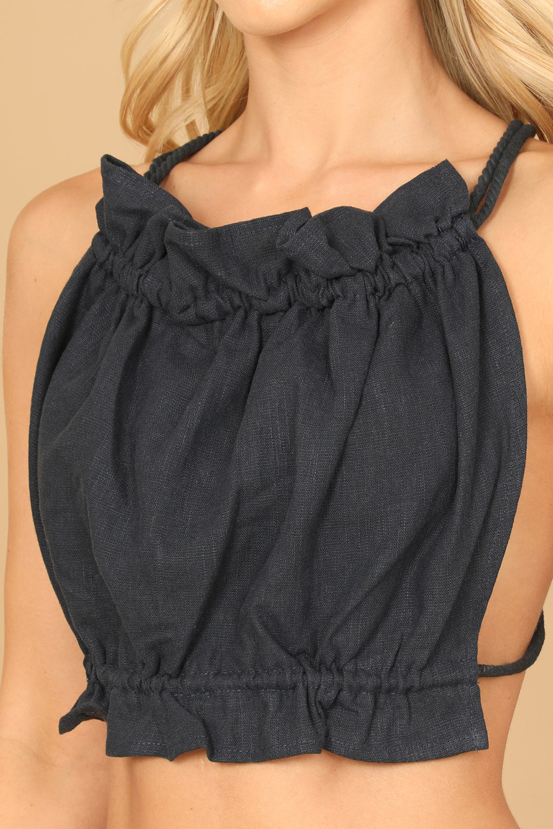 NAVY ROUND NECK RUFFLE DETAIL SEXY BACK CROP TOP 2-2-1 – MYS Wholesale