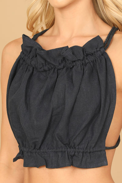 NAVY ROUND NECK RUFFLE DETAIL SEXY BACK CROP TOP 2-2-1