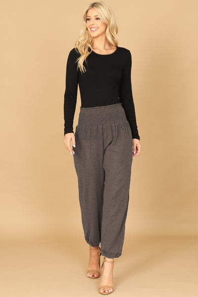 DARK CHARCOAL SMOCKED WAIST LONG PANTS 2-2-1