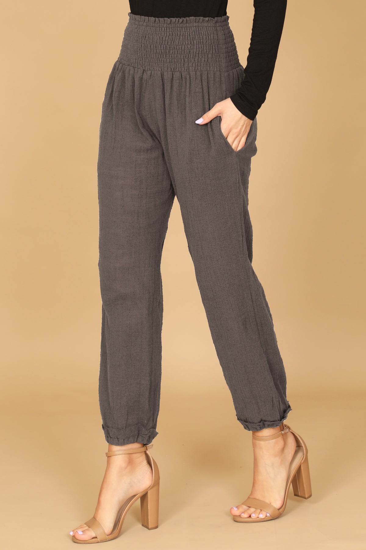 DARK CHARCOAL SMOCKED WAIST LONG PANTS 2-2-1