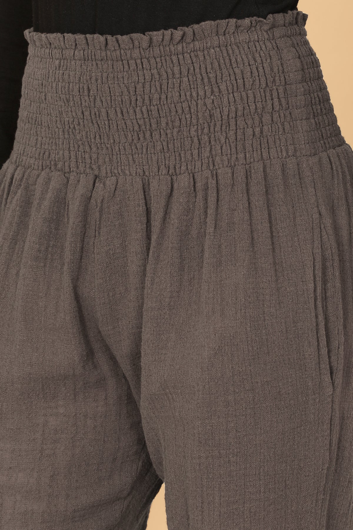 DARK CHARCOAL SMOCKED WAIST LONG PANTS 2-2-1