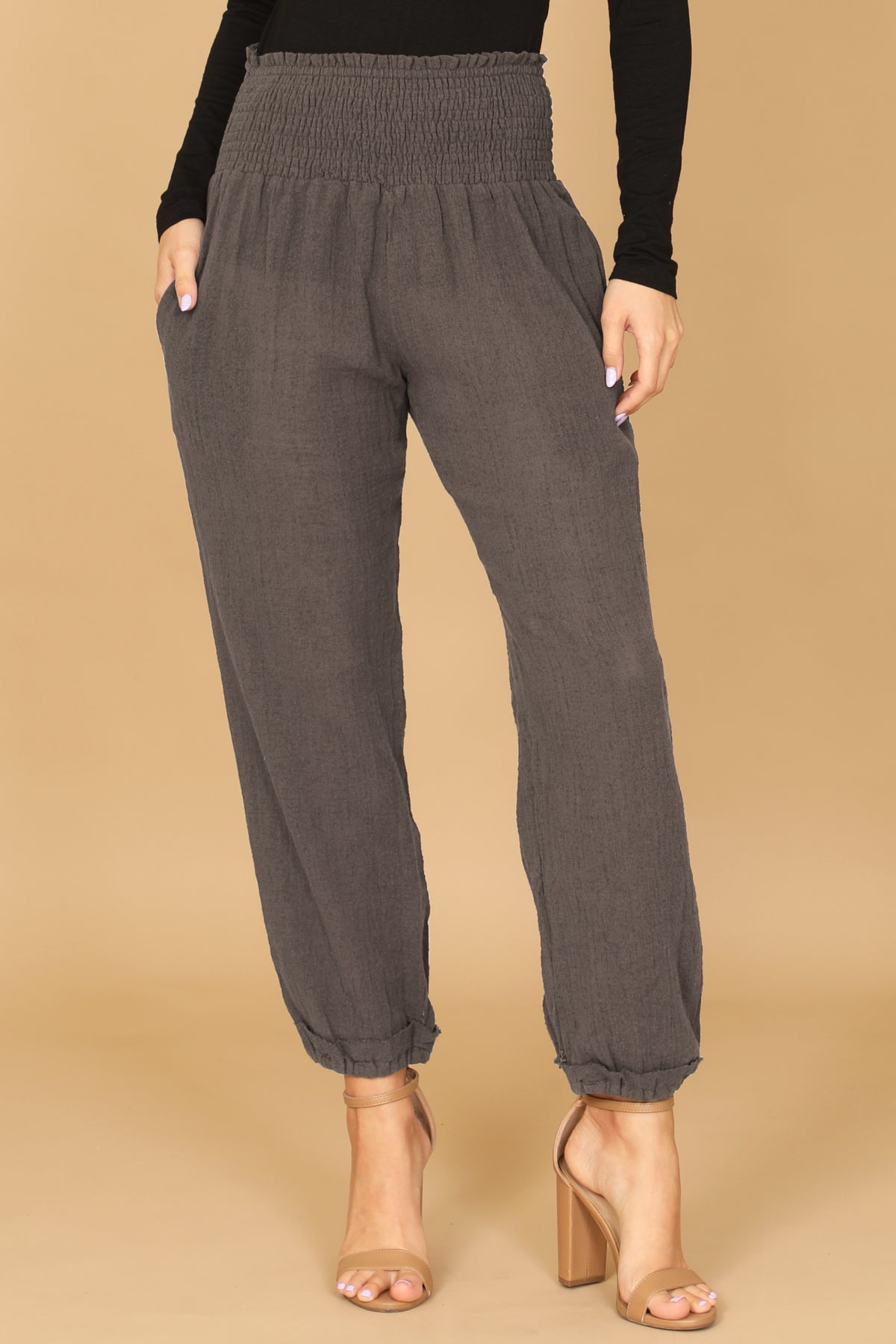 DARK CHARCOAL SMOCKED WAIST LONG PANTS 2-2-1