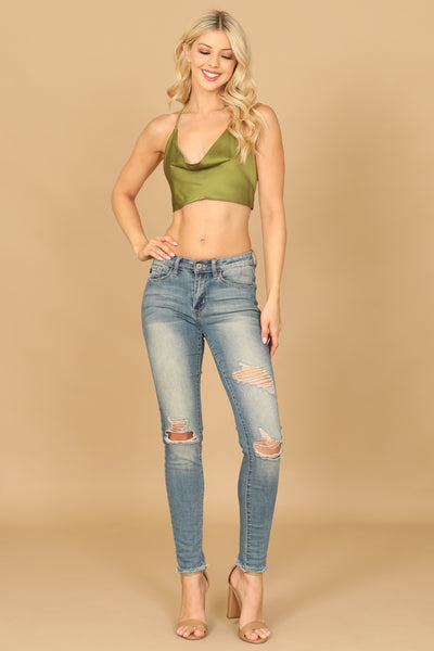 COWL NECK TIE BACK SATINY CROP TOP 2-2-1