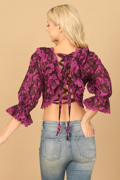 MAGENTA BLACK PLUNGING LACE CRISS-CROSS BACK PRINTED CROP TOP 2-2-1