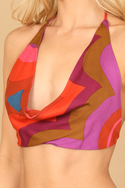 RUST MULTY HALTER COWL NECK SCALLOP PRINT CROP TOP 2-2-1