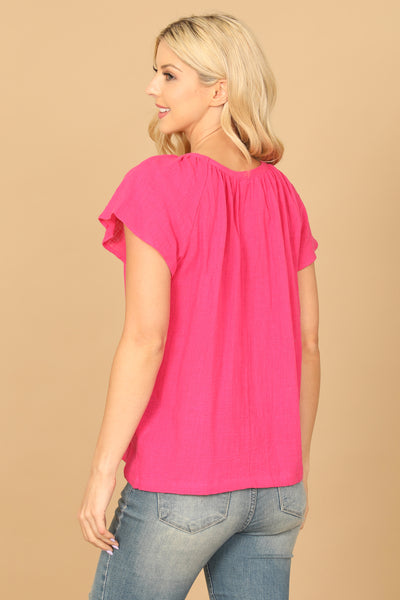 PLEATED NECK SHORT SLEEVE SOLID TOP 2-2-1