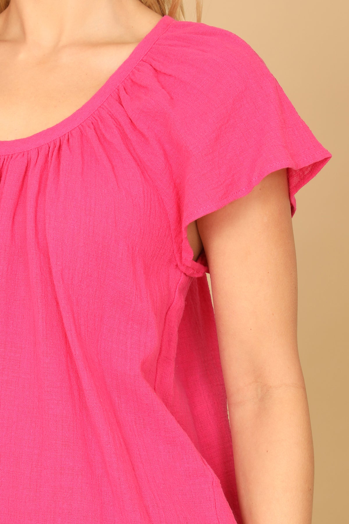 PLEATED NECK SHORT SLEEVE SOLID TOP 2-2-1