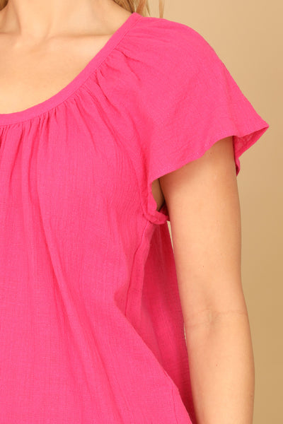 PLEATED NECK SHORT SLEEVE SOLID TOP 2-2-1