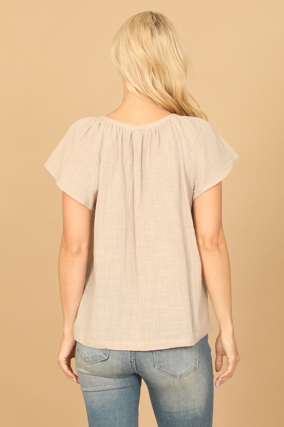 PLEATED NECK SHORT SLEEVE SOLID TOP 2-2-1