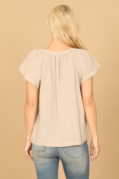 PLEATED NECK SHORT SLEEVE SOLID TOP 2-2-1