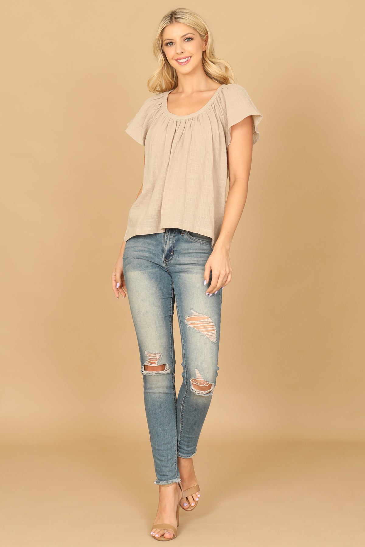 PLEATED NECK SHORT SLEEVE SOLID TOP 2-2-1