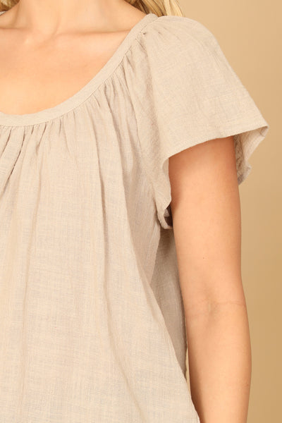 PLEATED NECK SHORT SLEEVE SOLID TOP 2-2-1