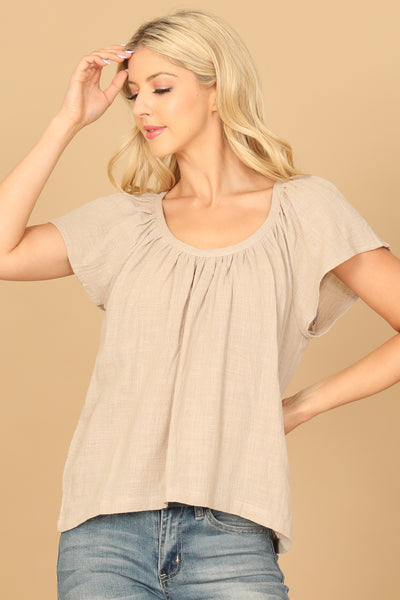 PLEATED NECK SHORT SLEEVE SOLID TOP 2-2-1