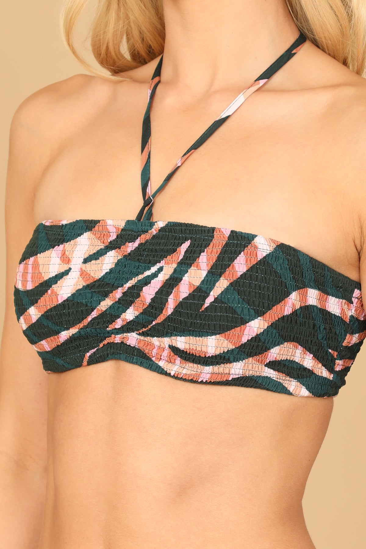 GREEN PINK BANDEAU HALTER THIN TIE BRALETTE PRINTED TOP 2-2-1