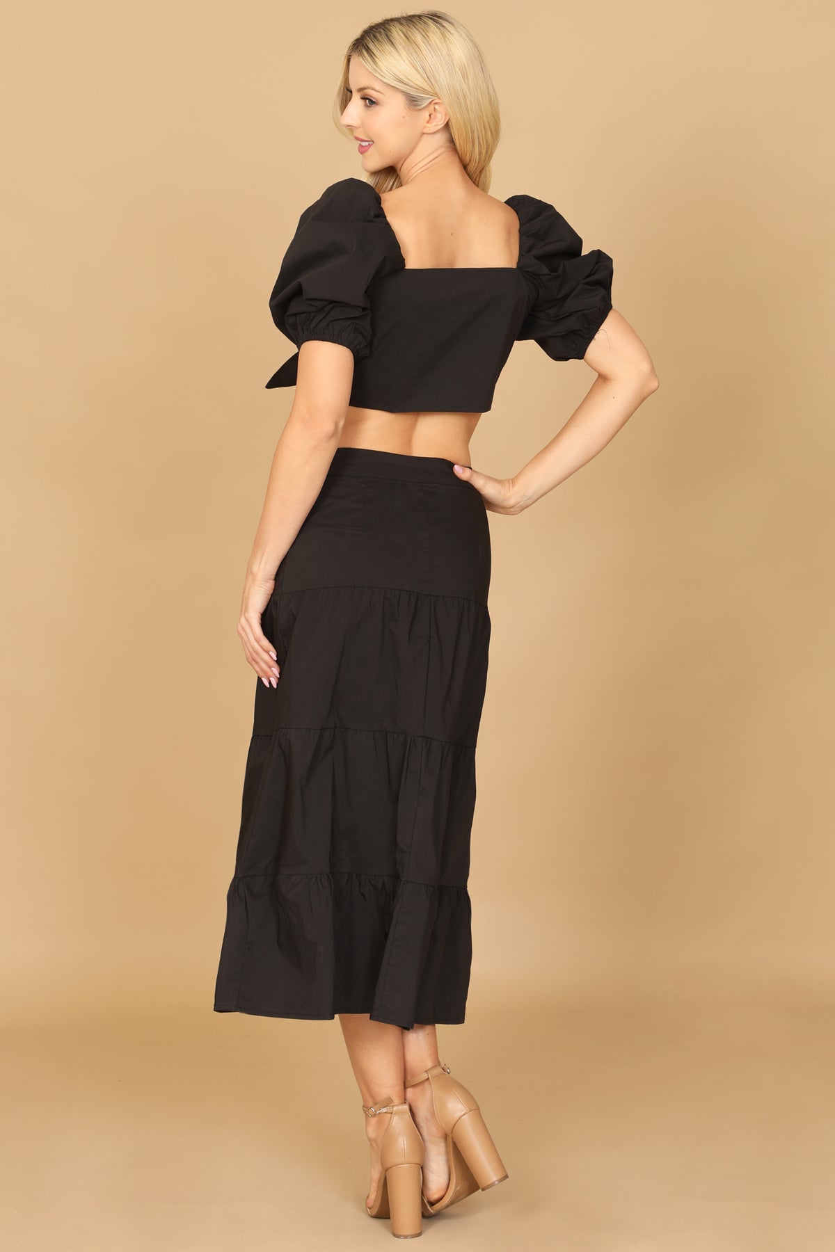 BLACK PUFF SLEEVE KNOT FRONT SOLID CROP TOP & SKIRT SET 2-2-1