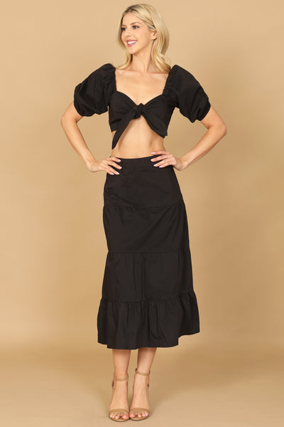 BLACK PUFF SLEEVE KNOT FRONT SOLID CROP TOP & SKIRT SET 2-2-1