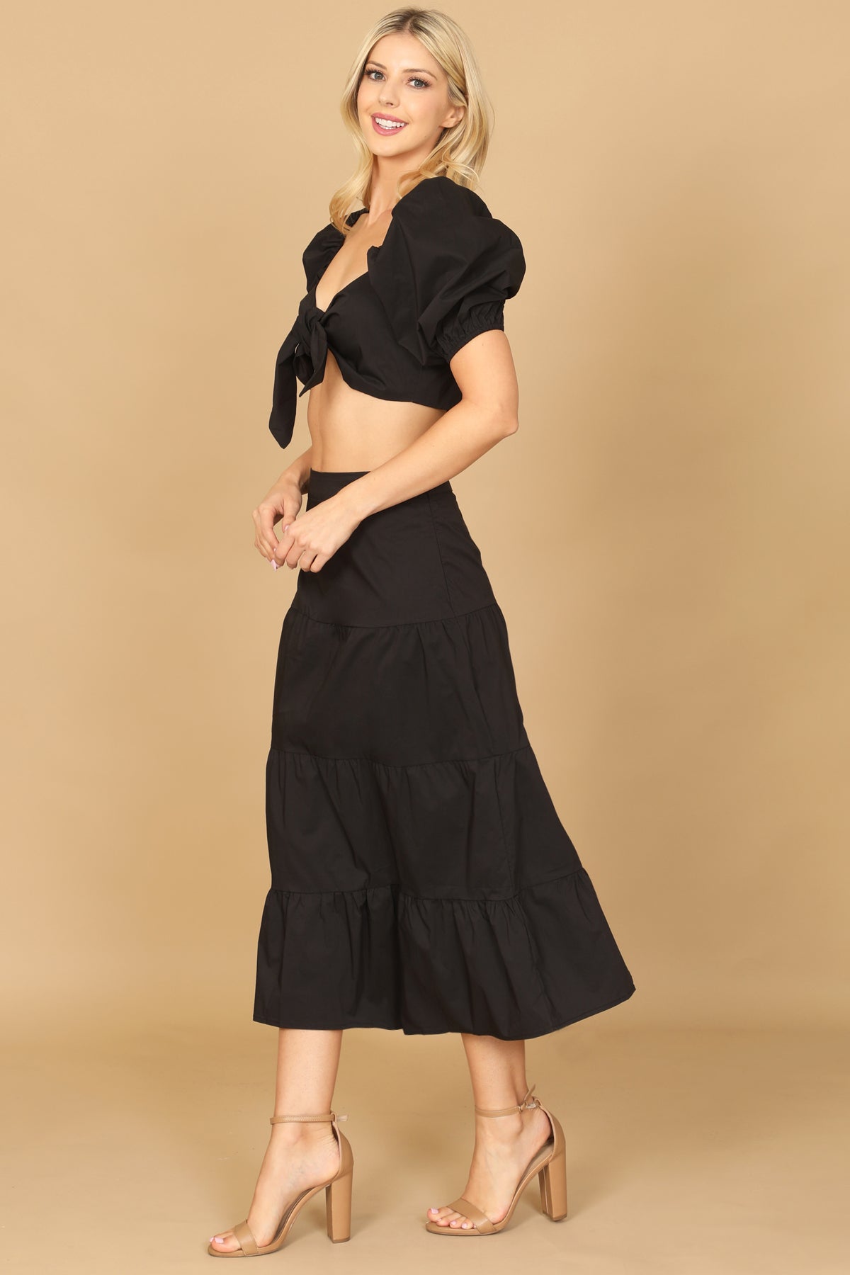 BLACK PUFF SLEEVE KNOT FRONT SOLID CROP TOP & SKIRT SET 2-2-1