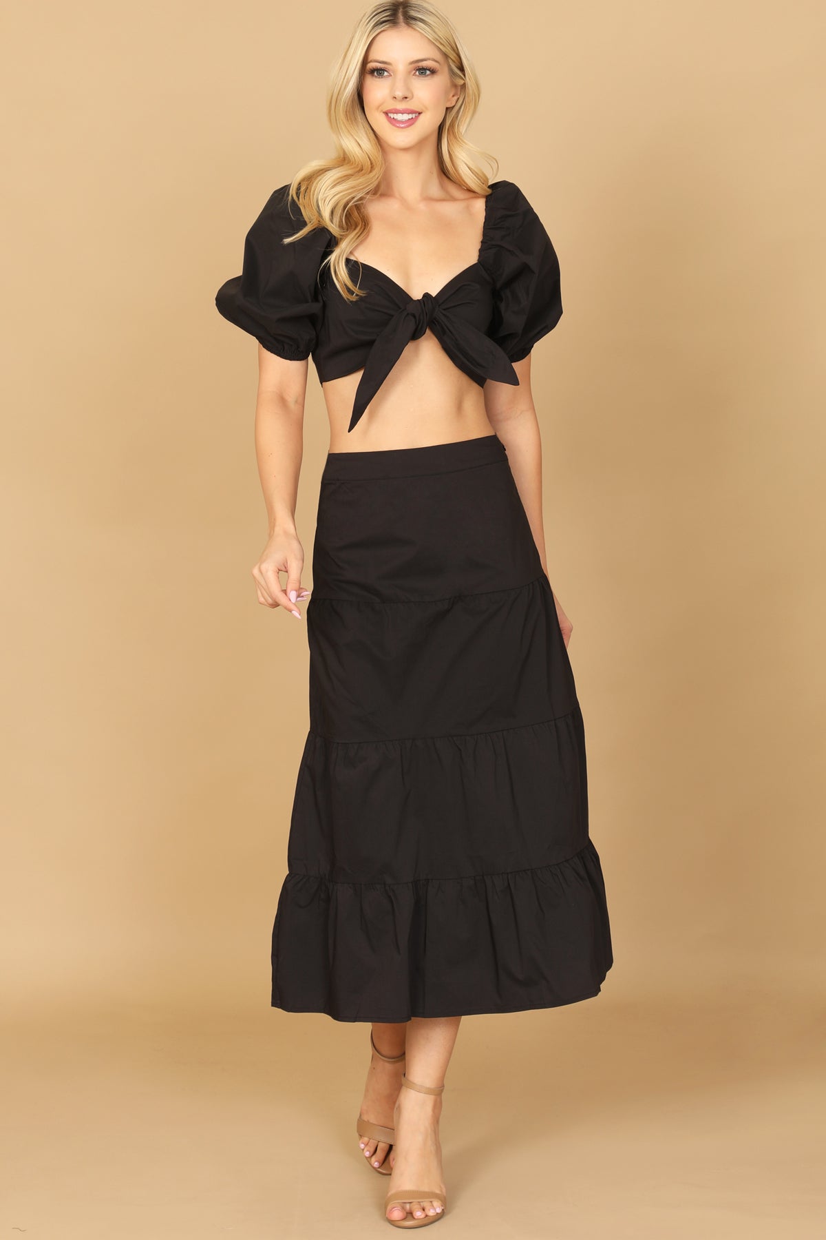 BLACK PUFF SLEEVE KNOT FRONT SOLID CROP TOP & SKIRT SET 2-2-1