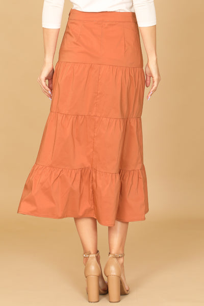 RUST TIERED SOLID MIDI SKIRT 2-2-1